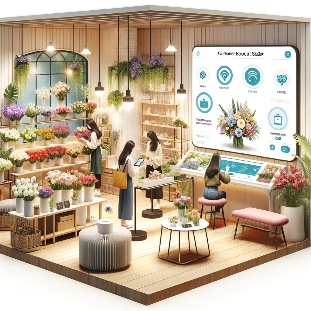  изображение, иллюстрирующее вовлечение клиентов и интерактивные элементы в цветочном магазине, включая станцию для создания букетов своими руками и интерактивные экраны