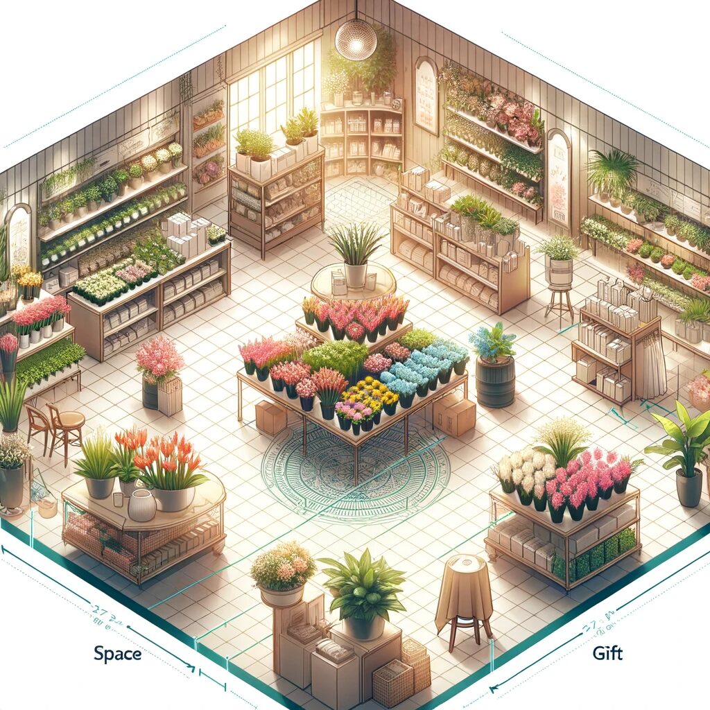 зонирование пространства в цветочном магазине с отдельными зонами для горшечных растений, срезанных цветов и подарочных товаров.