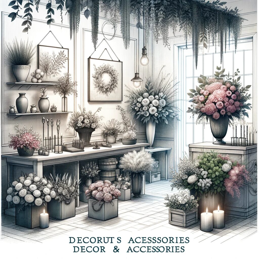 изображение, акцентирующее внимание на декоре и аксессуарах в интерьере цветочного магазина, включая элегантные вазы, художественные ленты и декоративные предметы.