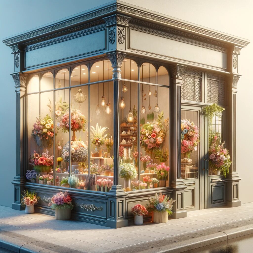 внешний вид и витрину цветочного магазина, с привлекательным дизайном и красочными цветочными композициями.