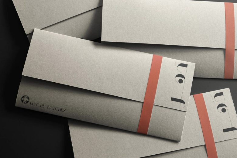 Фирменные конверты Dahr серые с красной лентой