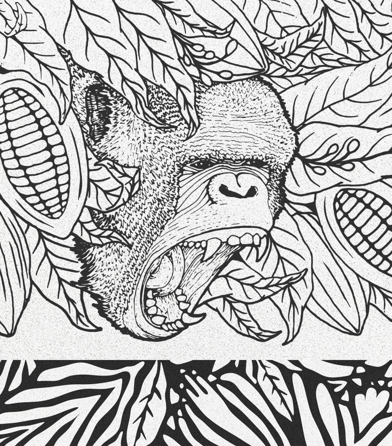 Иллюстрация головы гориллы с какао элементами Gorilla Bites