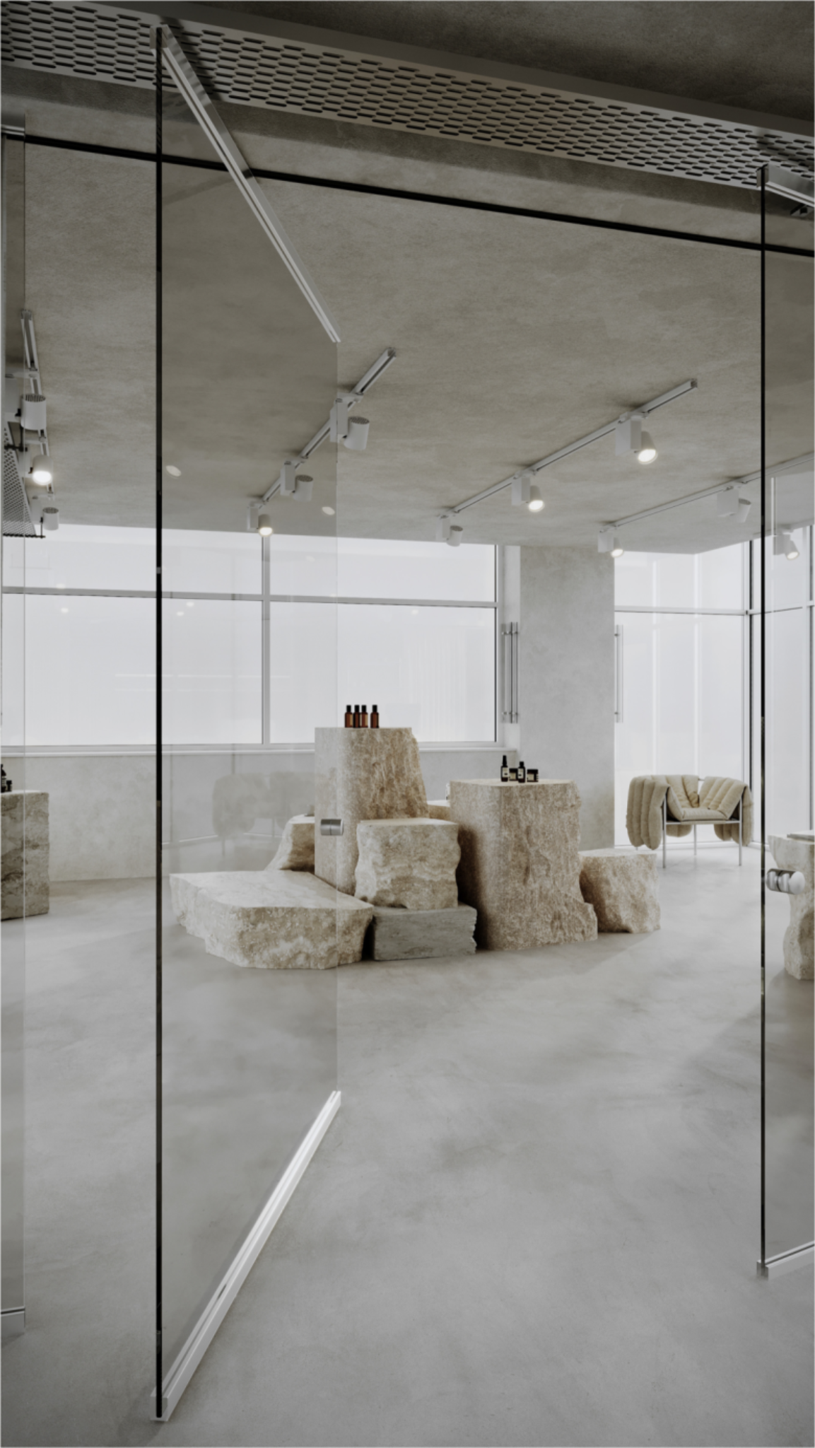 Интерьер Шоурума Через Стеклянные Двери RAW