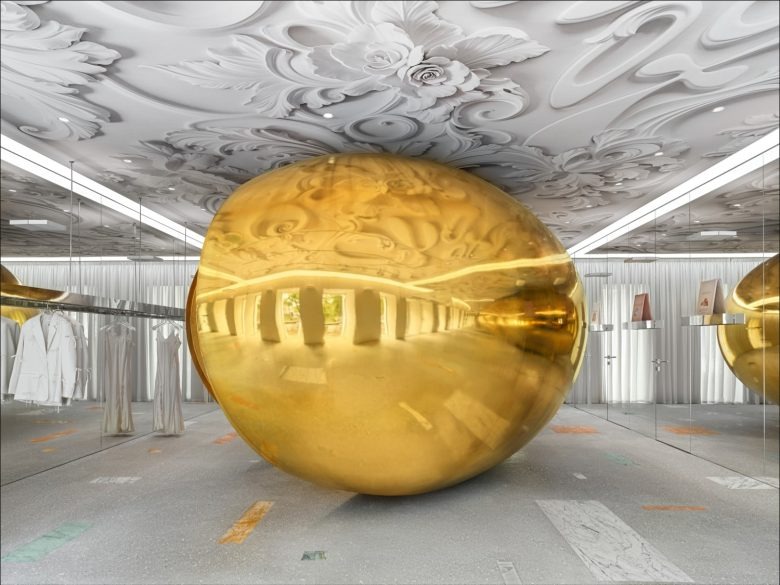 Интерьер с золотой сферой и декоративным потолком CHOUX store