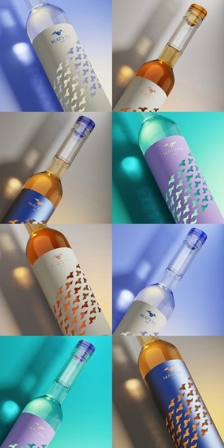 Коллаж бутылок вина с разными ракурсами и цветами Magura Winery