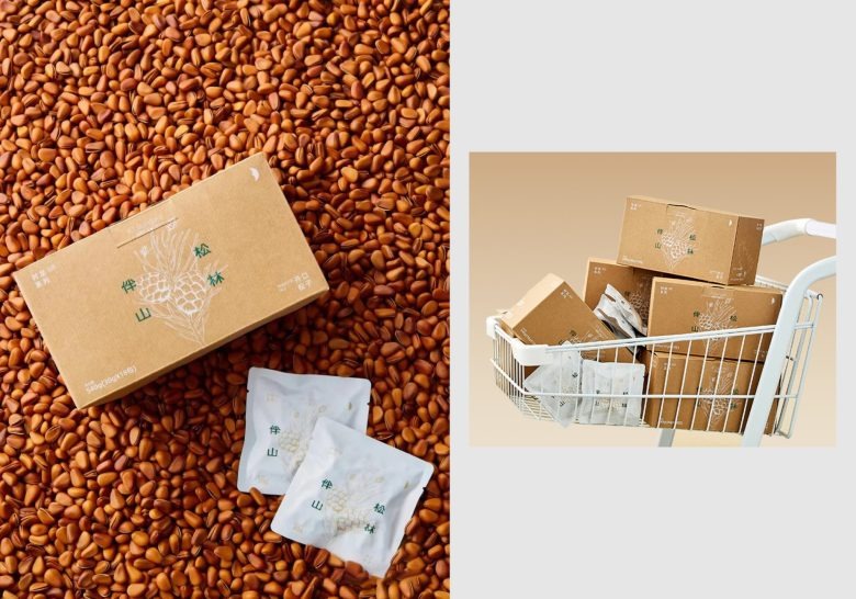 Коробка и пакеты на фоне кедровых орехов Banshan Pine Forest Open Pine Nut