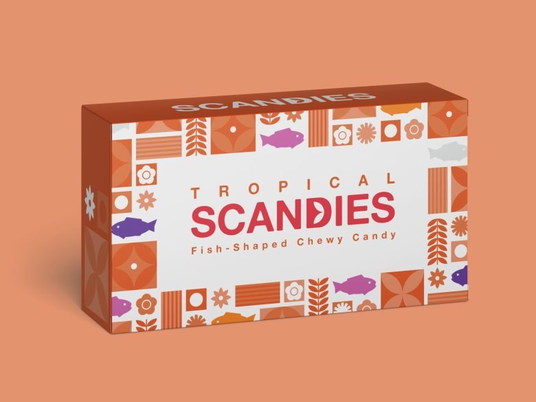Красная упаковка конфет с информацией о составе Scandies