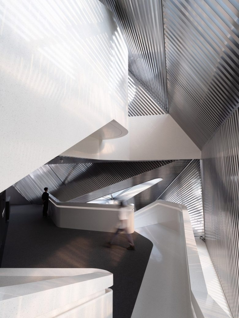 Многоуровневые переходы и архитектурные формы интерьера DJI flagship store