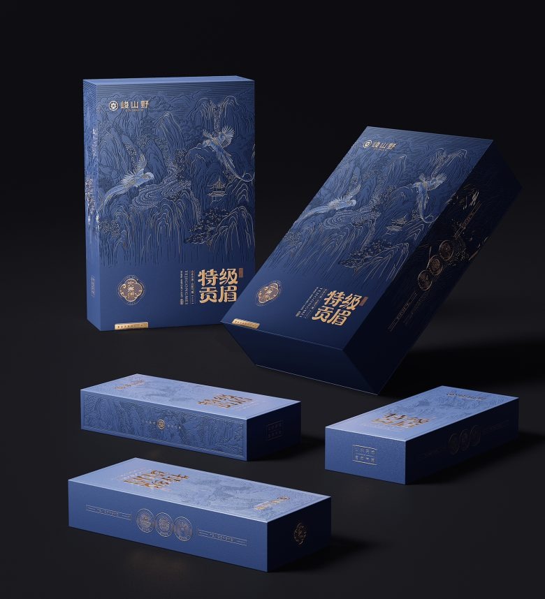 Набор синей упаковки чая в разных форматах и ракурсах Junshanye x Gugo Brand