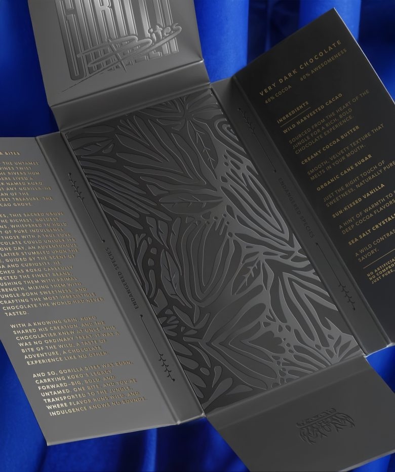 Развернутая упаковка шоколада с тиснением Gorilla Bites