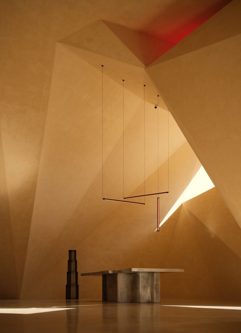 Шоурум Fang Eyewear Геометрический зал с подвесными светильниками