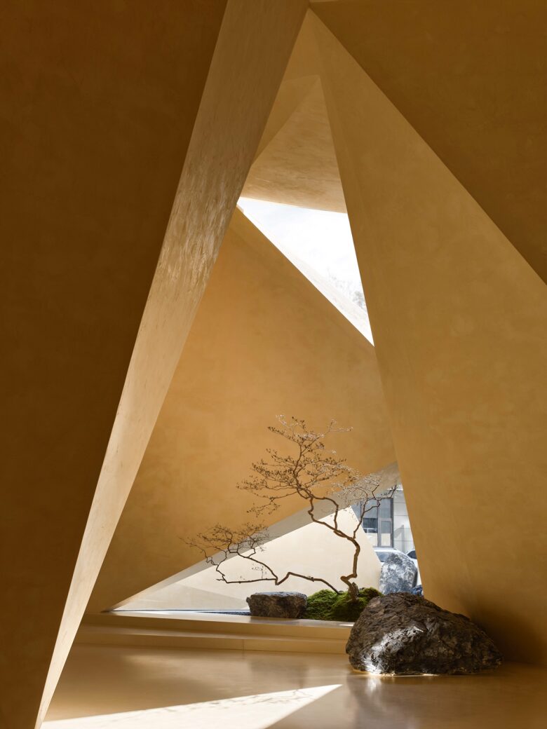 Шоурум Fang Eyewear Треугольное окно с деревом и камнями