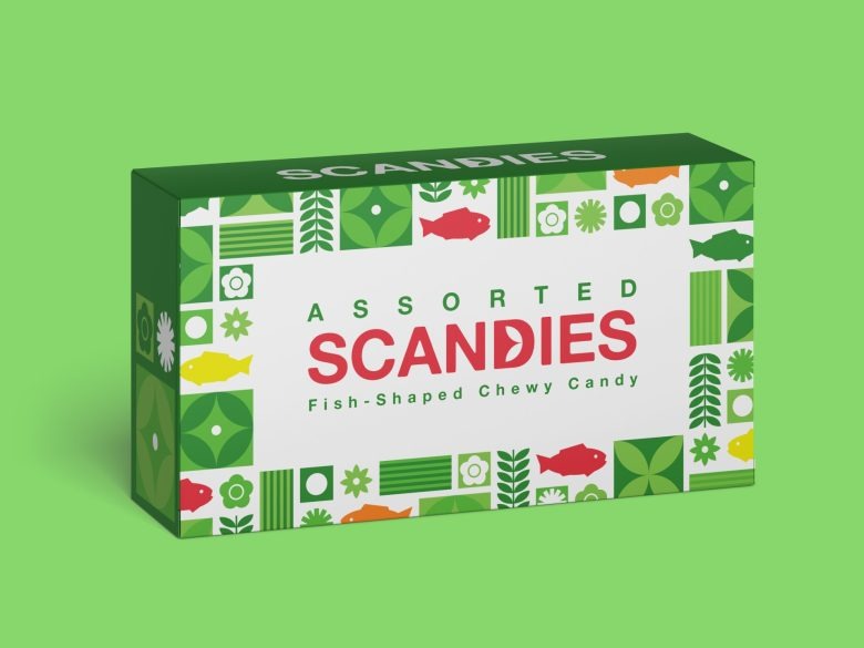 Зеленая упаковка конфет с информацией о составе Scandies