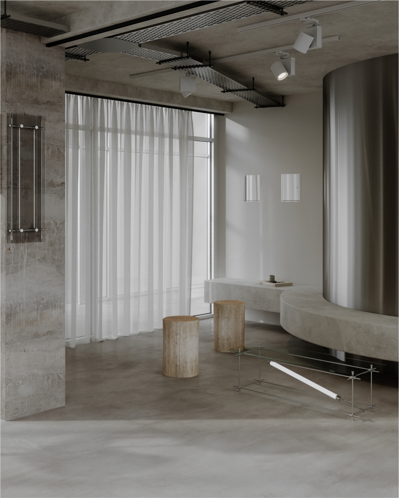 Зона Ожидания С Круглой Скамьей И Металлической Колонной RAW