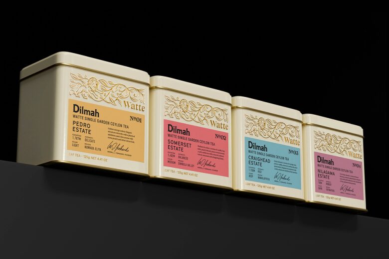 четыре железные упаковки Dilmah Watte Single Garden