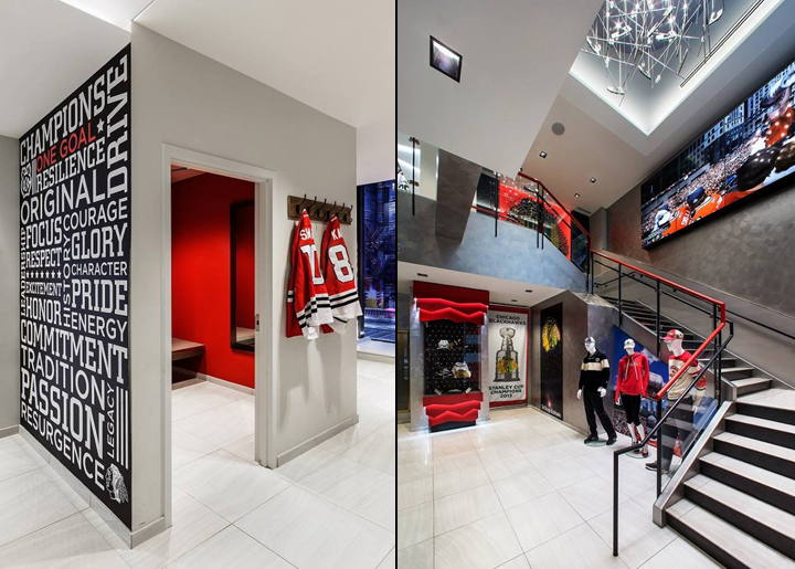 Дизайн спортивного магазина Чикаго Блэкхокс в США: стилизованный интерьер