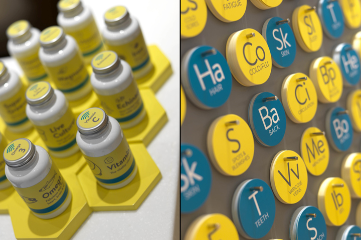 Бутылочка и табло с химическими элементами магазина NutriCentre в Лондоне