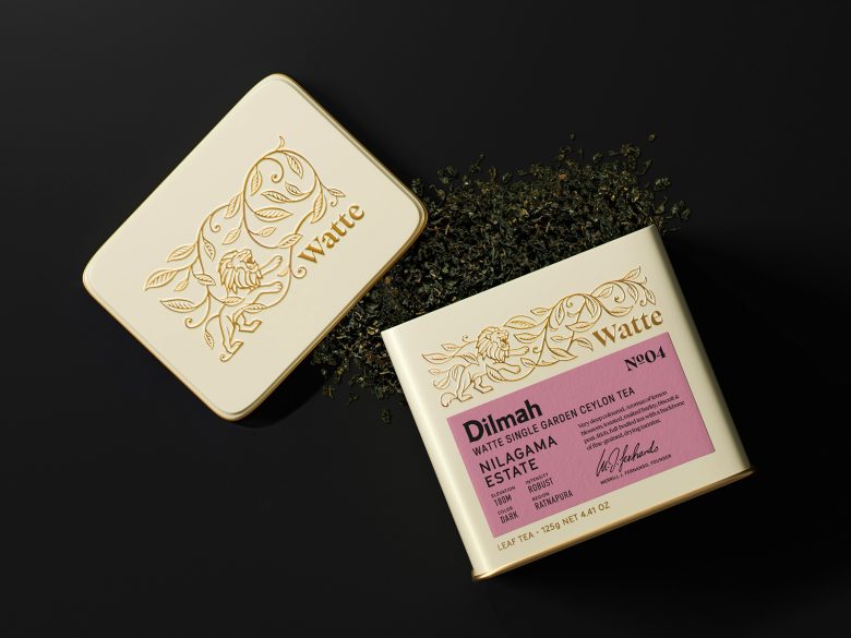 открытая банка с розовой этикеткой Dilmah Watte Single Garden