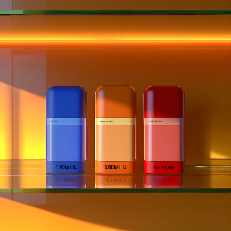 три флакона Sundra Hill на полке